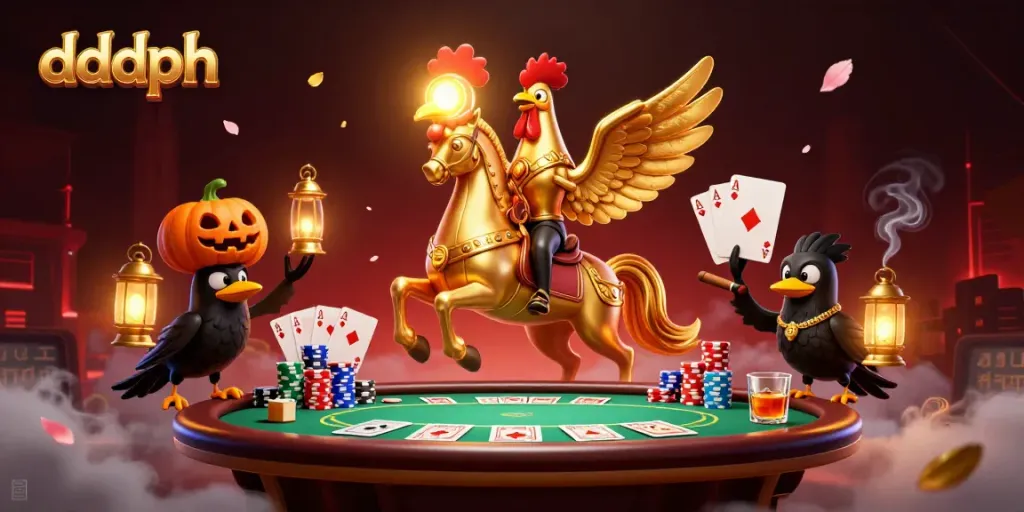 Engaging rendering of dddph-themed casino scene with golden rooster and poker elements.