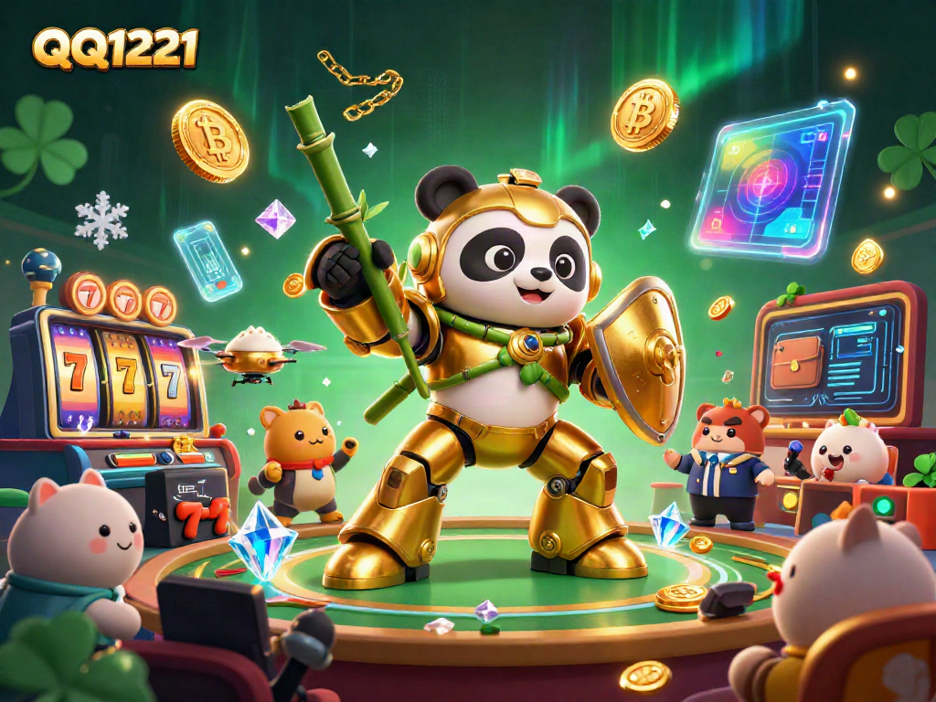 Engage with QQ1221 slots in a vibrant animated casino scene featuring golden panda and dynamic gaming elements.