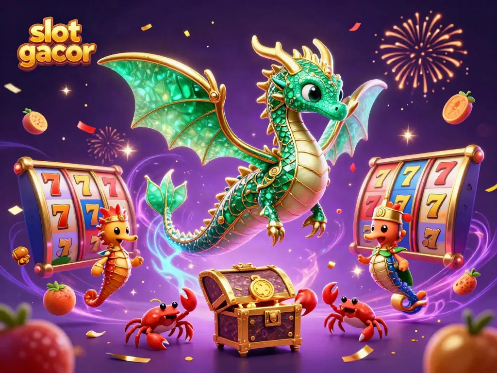 Engage in thrilling slot gacor action with a vibrant 3D dragon and dynamic game elements.