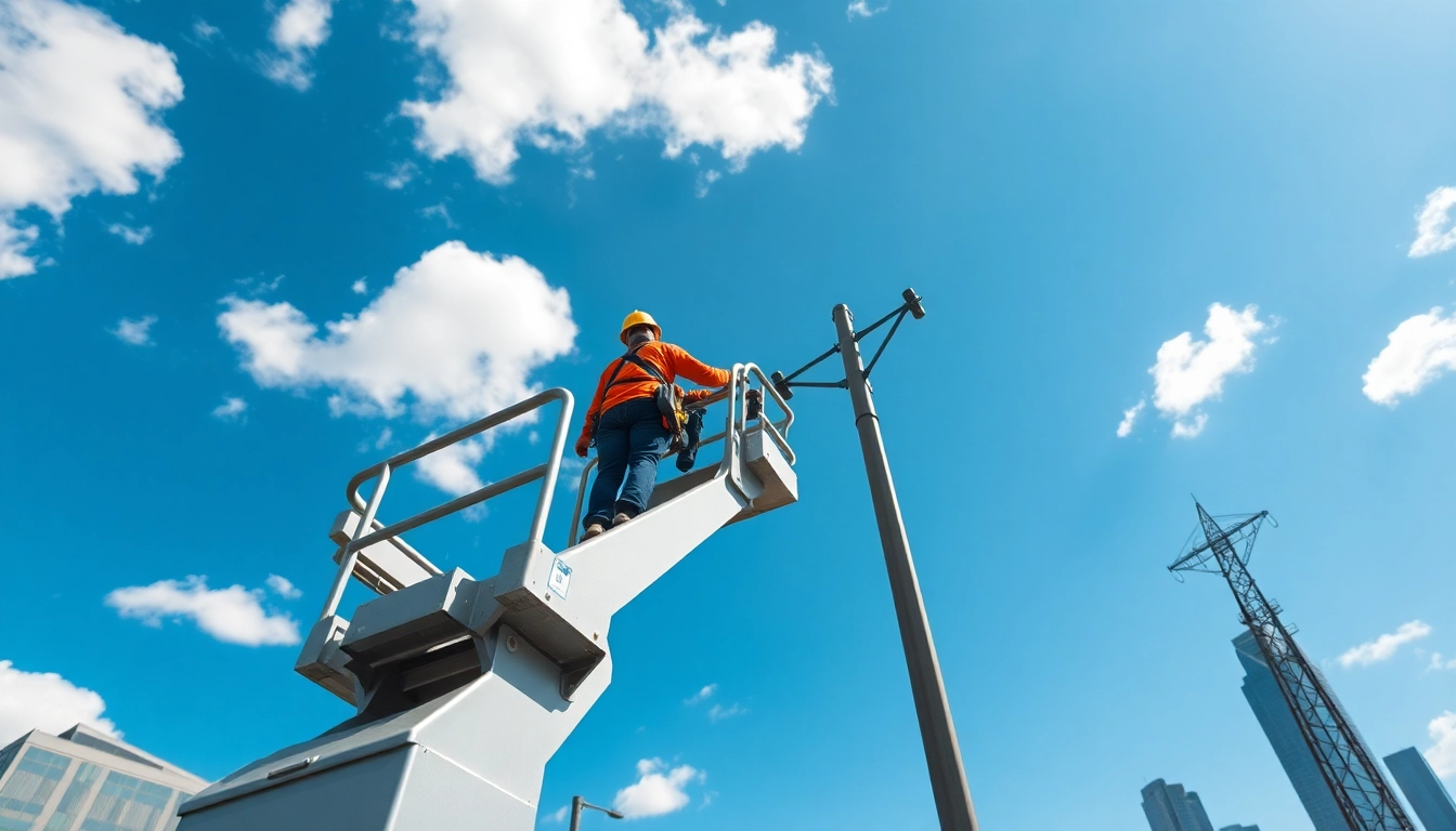 Worker safely using a cherry picker in an industrial setting to reach elevated heights.