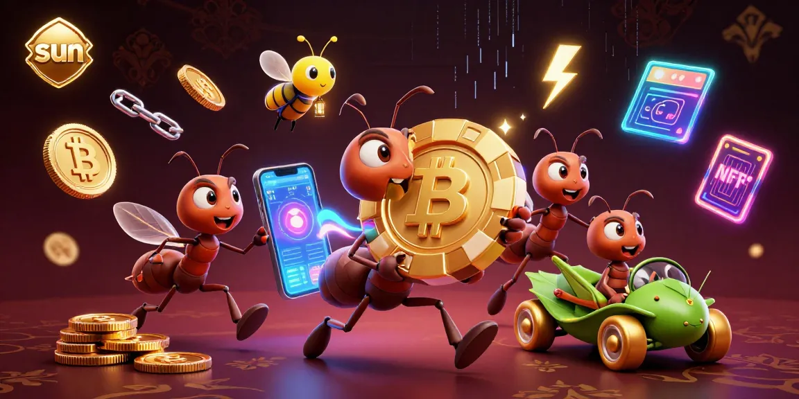Ants carry a golden poker chip in a vibrant casino heist scene featuring Bitcoin and Ethereum coins.