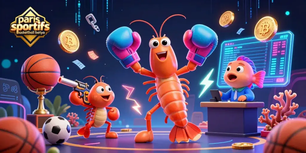 Engage with paris sportifs basketball betya as cartoon shrimp characters showcase thrilling sports betting elements in a vibrant 3D scene.
