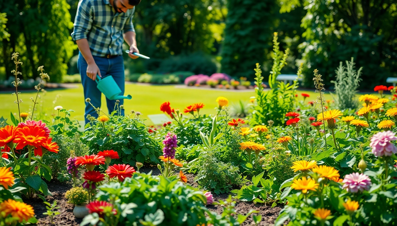 Gardening expert cultivating a colorful garden filled with flowers and vegetables.