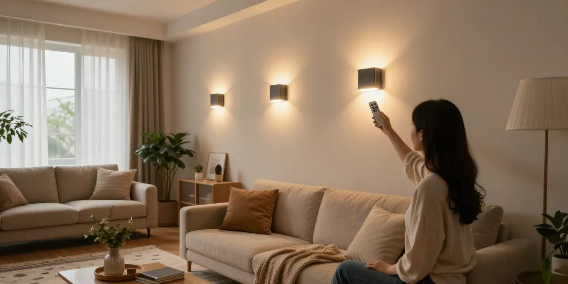 Aplice tavan moderne LED iluminând un living confortabil, cu o femeie ajustând intensitatea luminii.