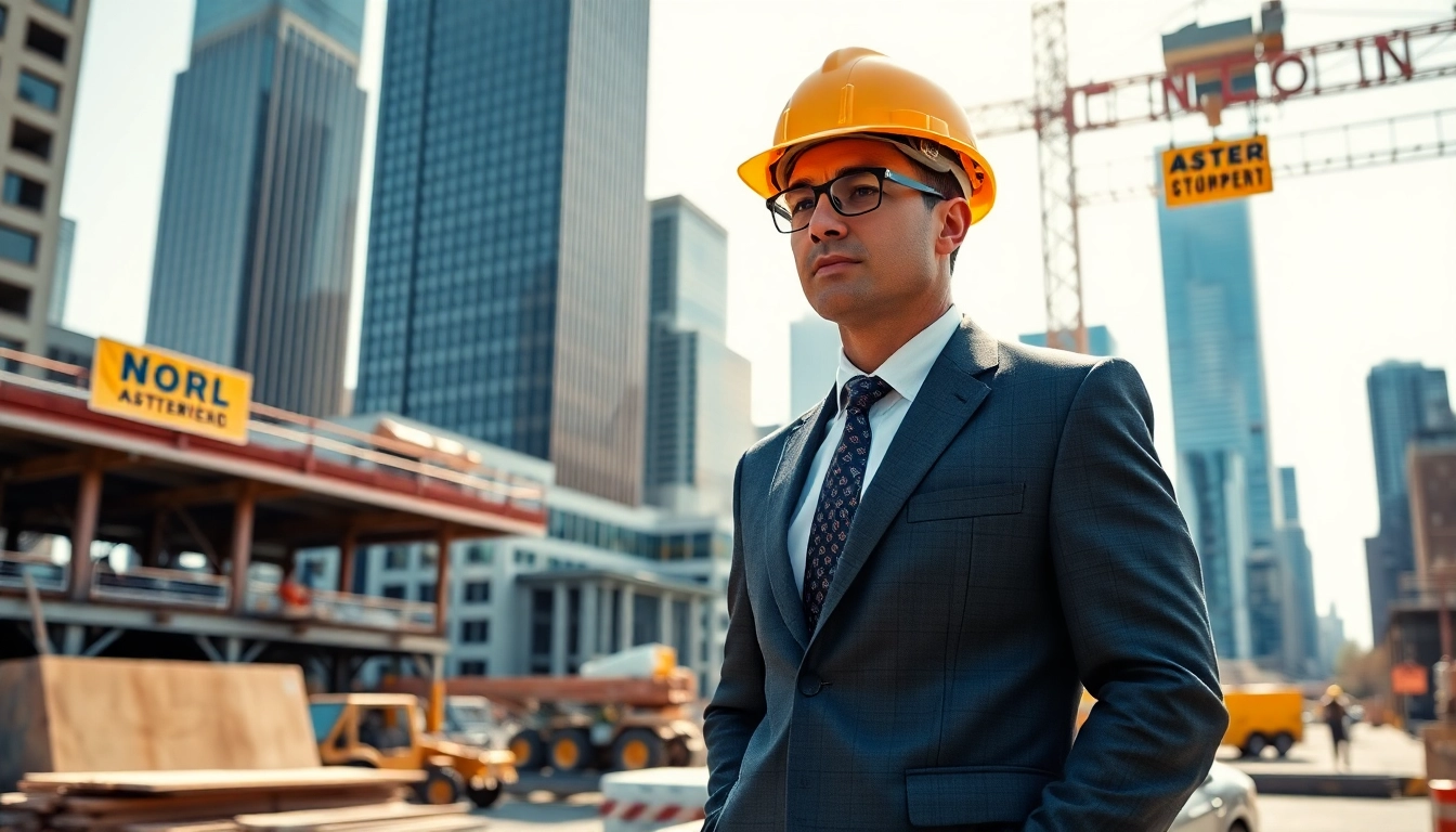 New York Construction Manager confidently supervises a construction site in a bright urban setting.