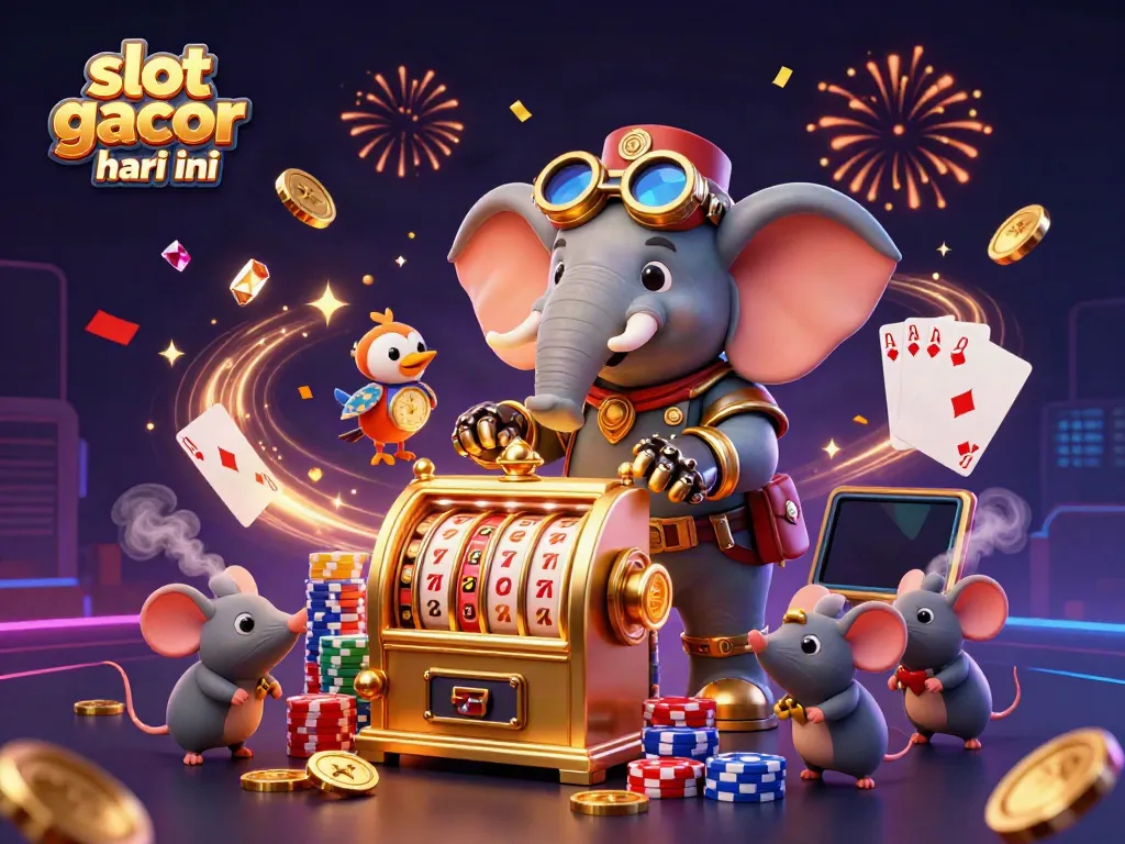 Engaging slot gacor hari ini scene showing a steampunk elephant operating a golden slot machine with dynamic casino elements.