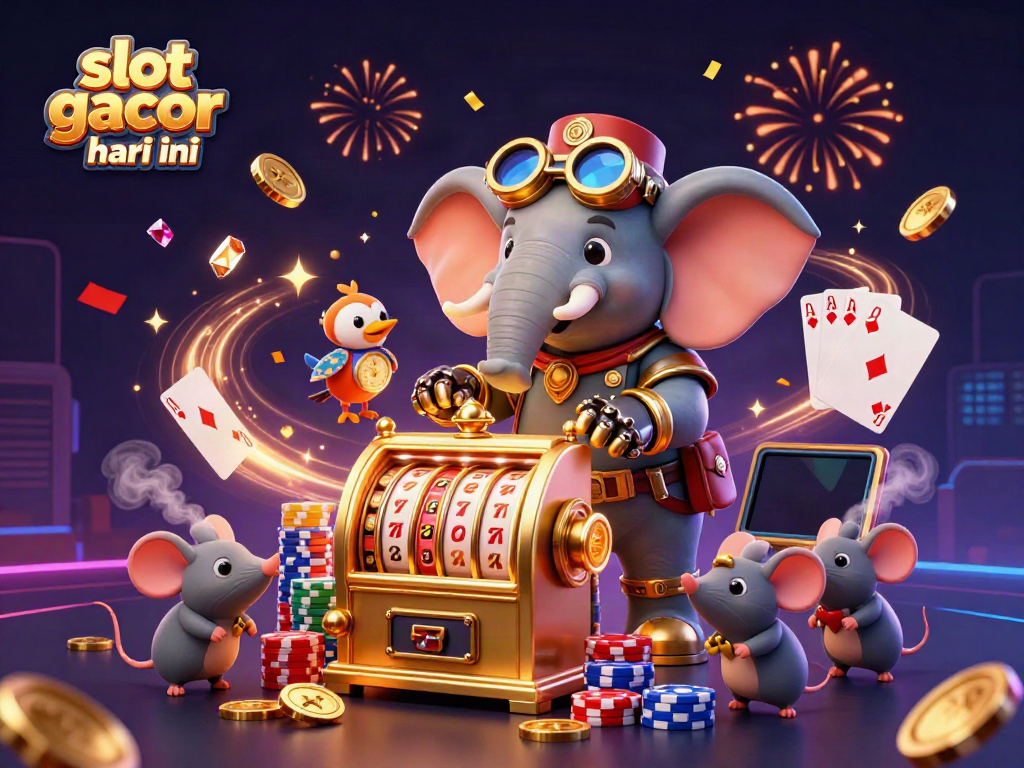 Engaging slot gacor hari ini scene showing a steampunk elephant operating a golden slot machine with dynamic casino elements.