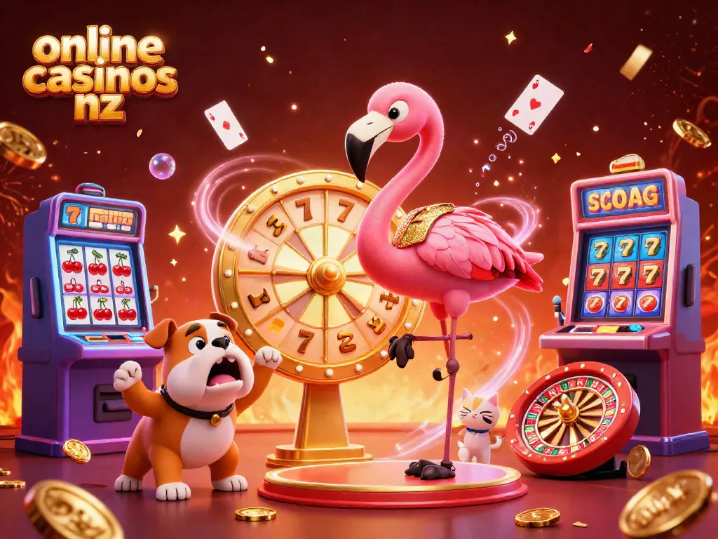 Engage with online casinos nz through a vibrant game show scene featuring spinning prizes and animated characters.