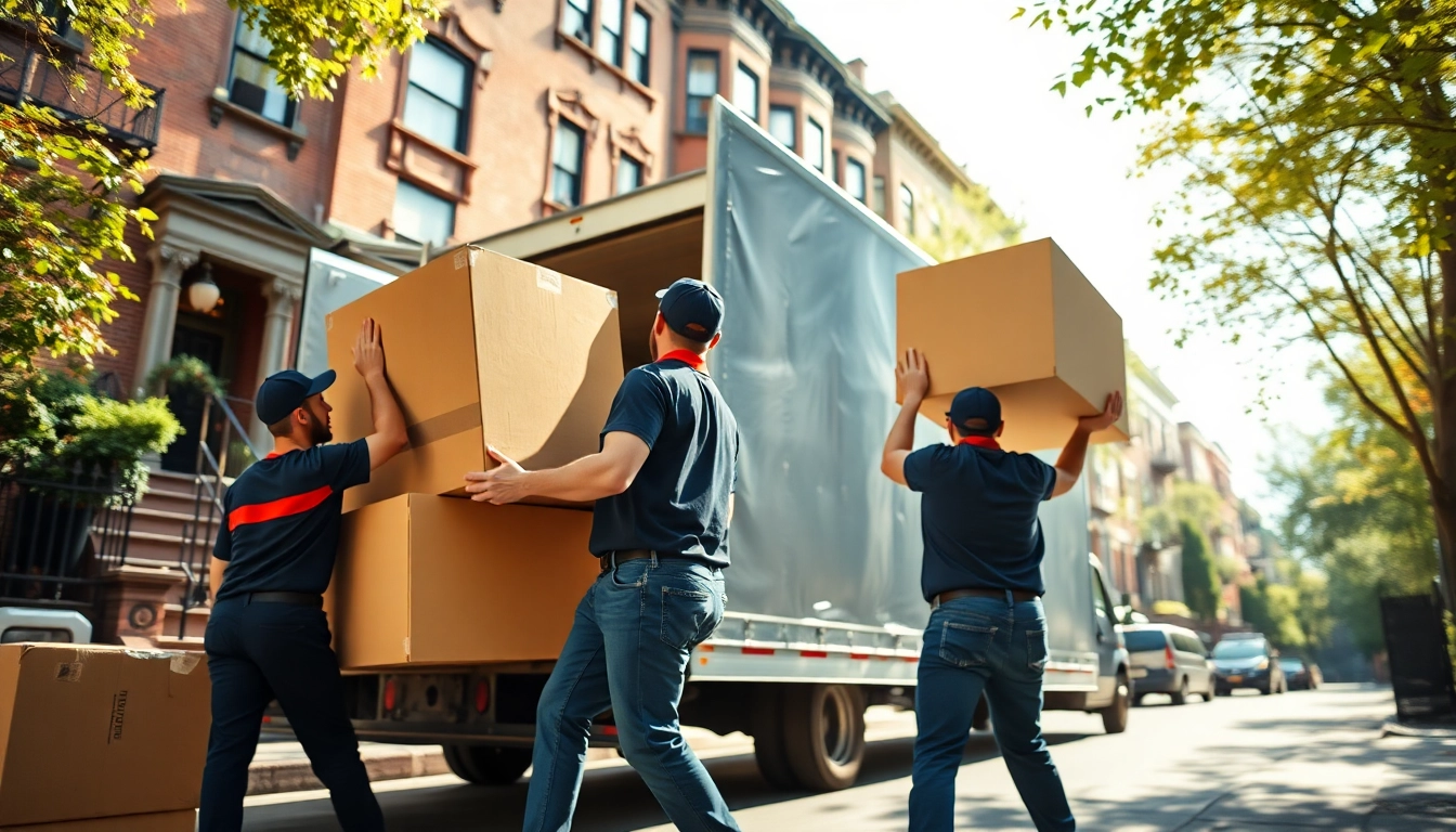 Efficient moving company bronx team carefully loading furniture in a warm neighborhood setting.