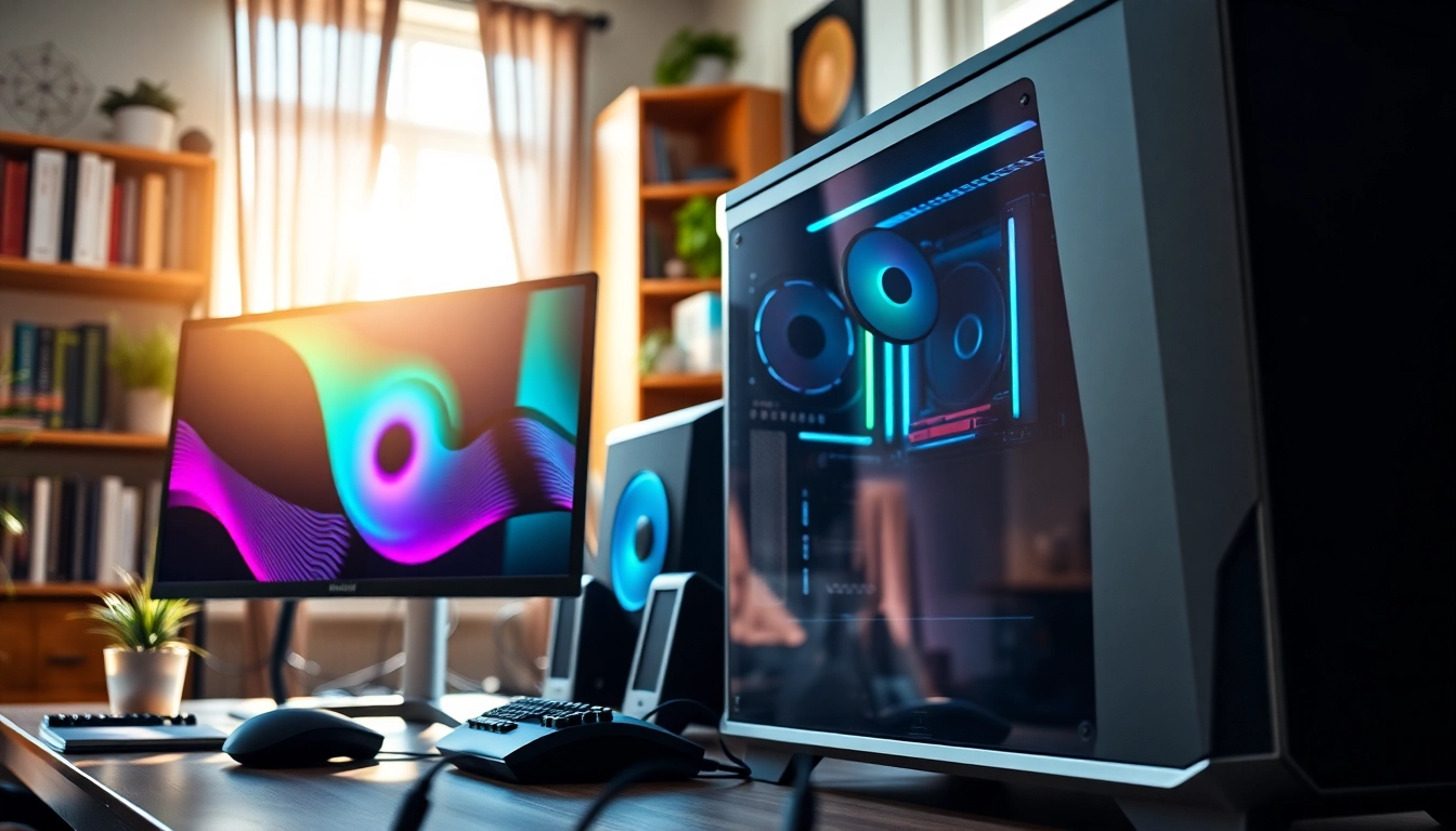 Σετ pc παιχνιδιών με μοντέρνο υπολογιστή και αξεσουάρ στον γραφείο.