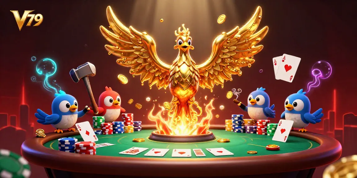 Experience winning gameplay with V 79's golden phoenix and rich poker elements in this vibrant illustration.