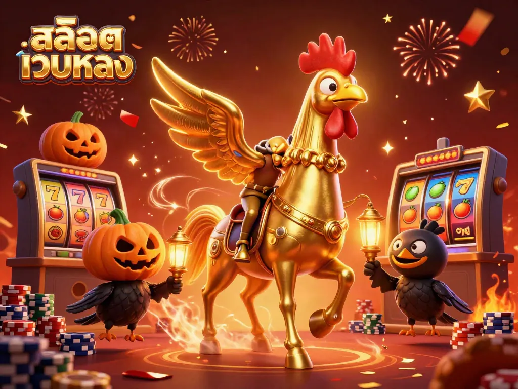 Experience the thrill of สล็อตเว็บตรง in a vivid night casino featuring a golden rooster and festive atmosphere.