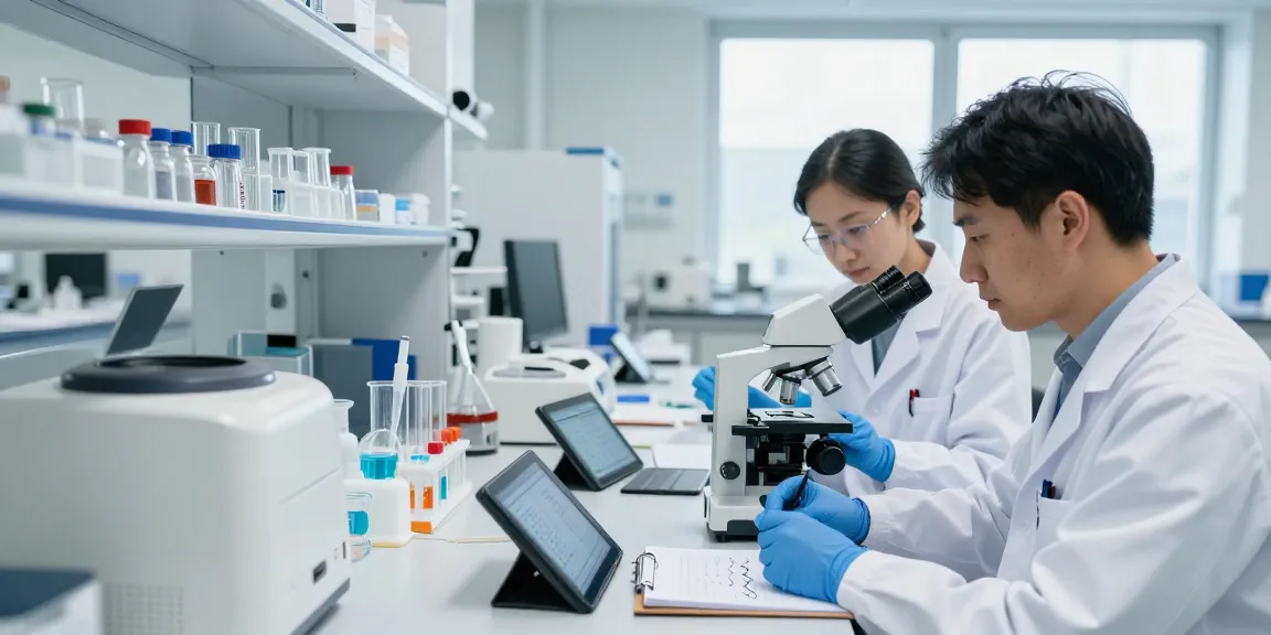 Researchers analyzing research-grade peptides at Koi Peptides Canada laboratory, showcasing advanced synthesis and testing methods.