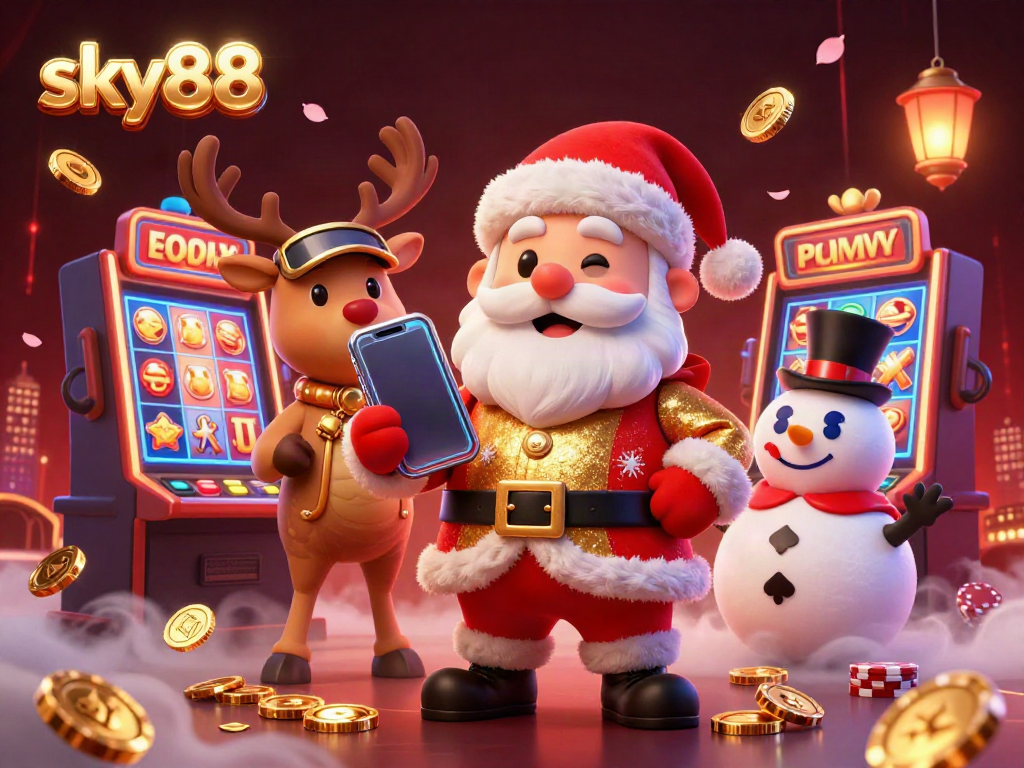 Experience the vibrant casino excitement at sky88 with Santa, reindeer, and a snowman celebrating jackpots.