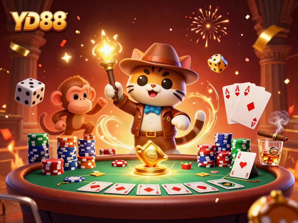 Cat archaeologist exploring YD88's golden casino artifact with vibrant casino elements.