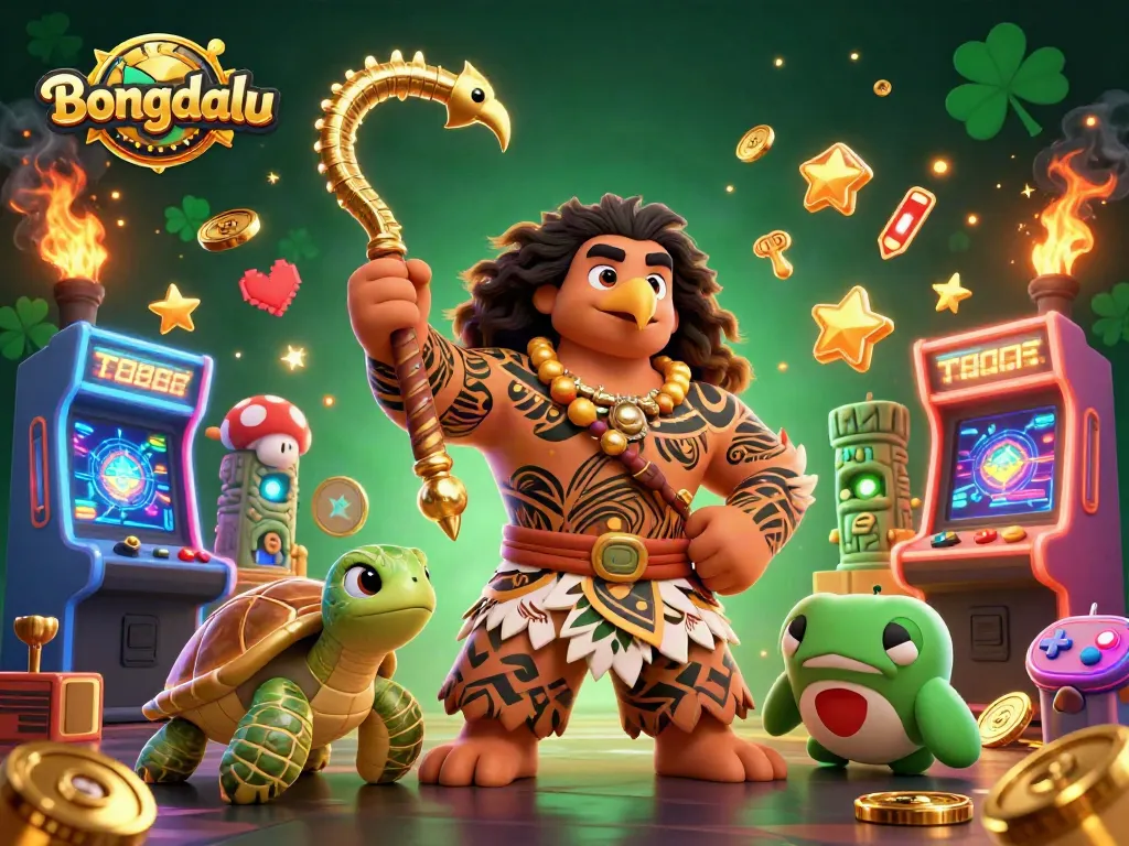 Bongdalu transforms into a vibrant casino world with demigod characters surrounded by casino elements.