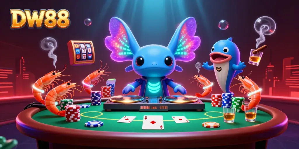 DW88 online casino illustration showcasing vibrant gaming elements with an energetic axolotl DJ.