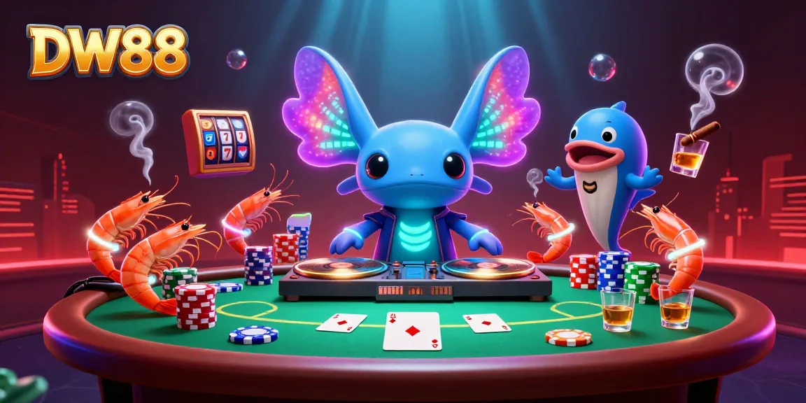 DW88 online casino illustration showcasing vibrant gaming elements with an energetic axolotl DJ.
