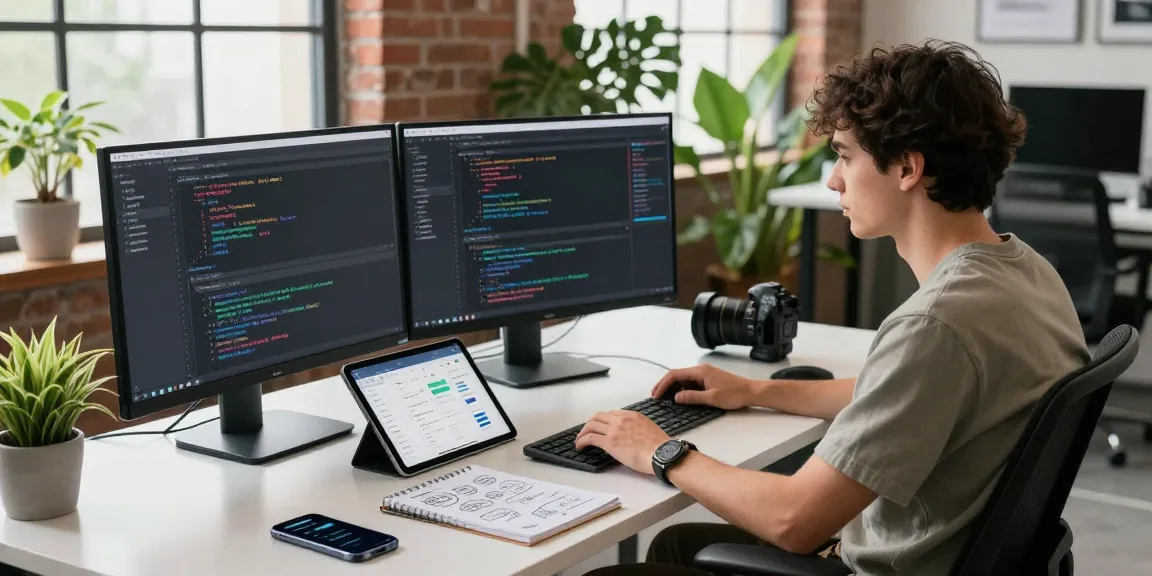 Software engineer coding in a modern workspace with NAGA2000 technology tools.