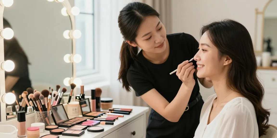 Trucco personalizzato durante una consulenza di bellezza, cliente soddisfatta con trucco applicato.
