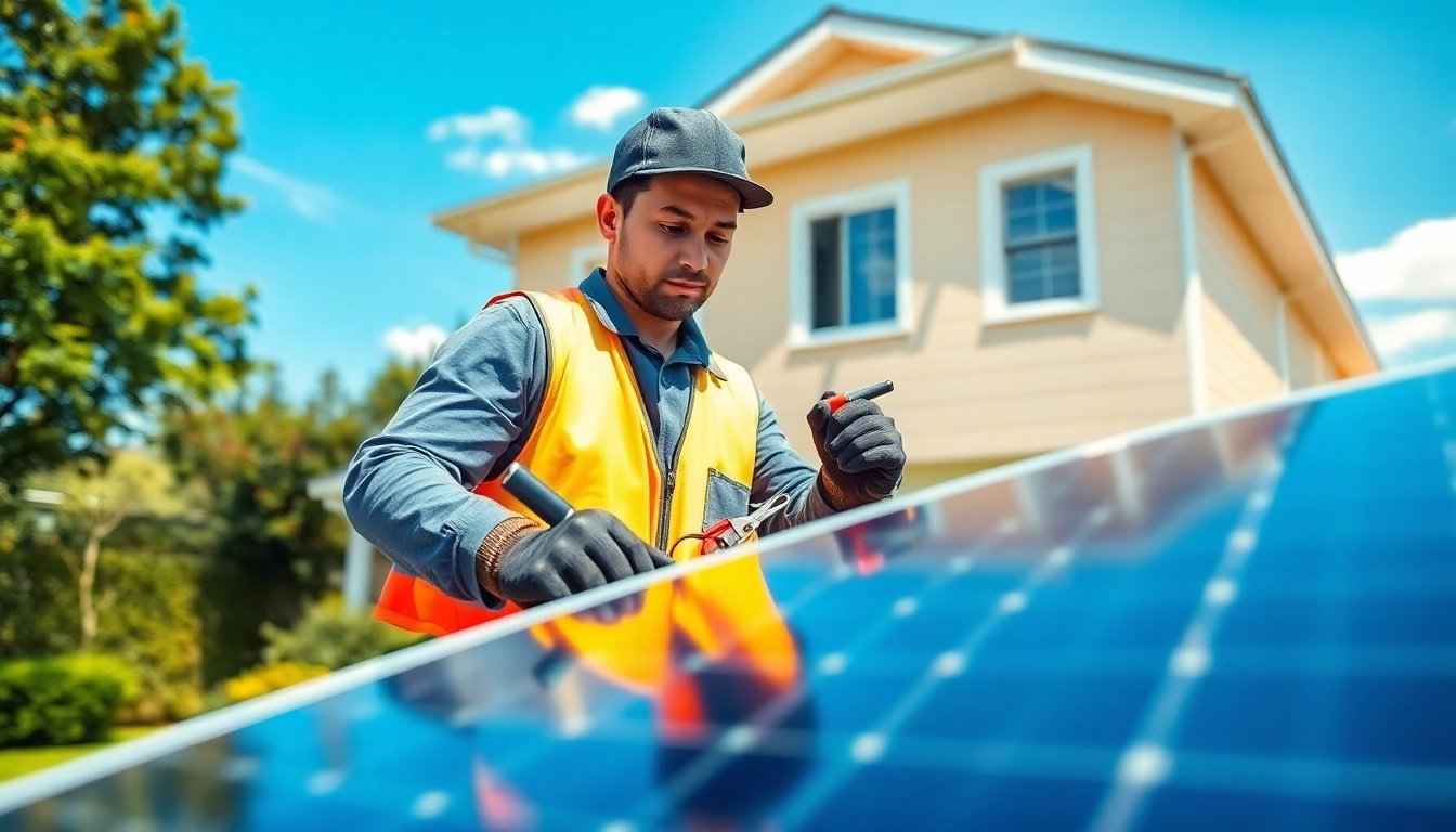 Expert technician performing solar system repair on solar panels in a sunny environment.