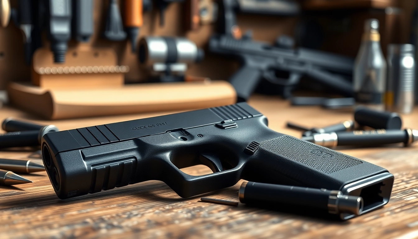 Examine the glock 26 gen 5 slide showcasing its precision craftsmanship on a wooden workbench.