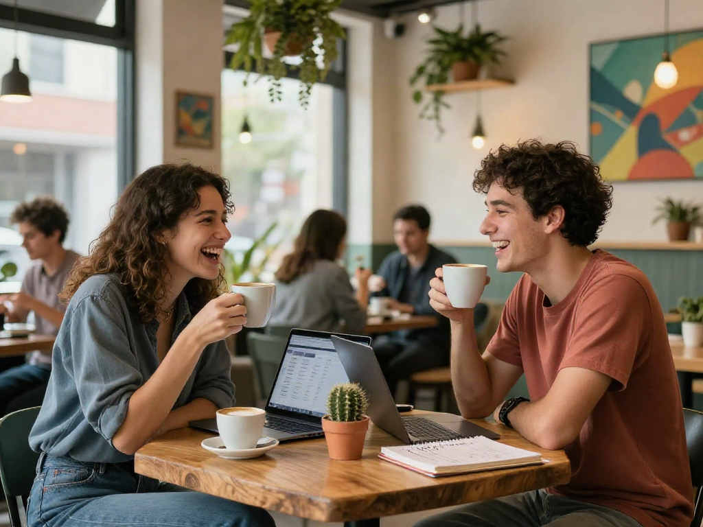 Connection moment as two people crush on each other at a cafe, laptops open.