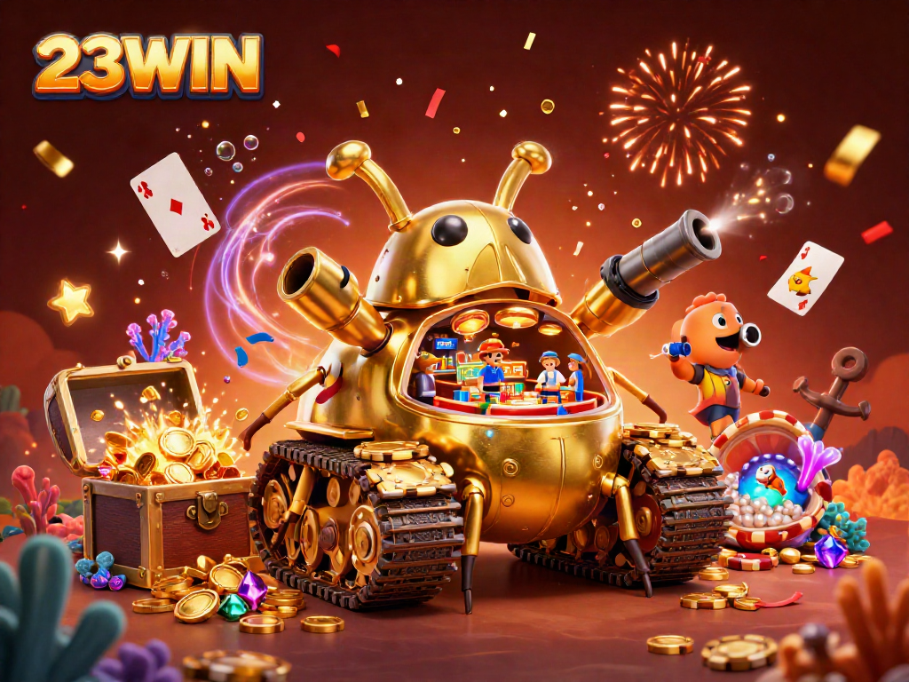 Experience thrilling gameplay with 23WIN's dynamic casino inside a golden beetle tank.