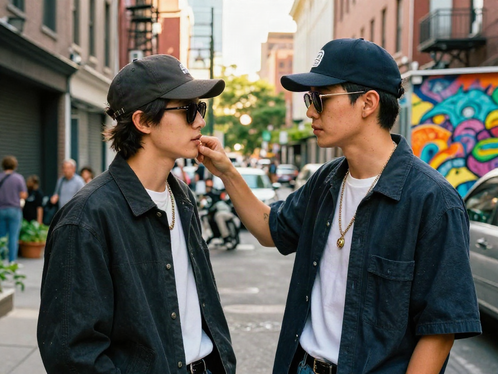 Two celebrities that look alike interacting in a trendy urban setting, showcasing unique styles.