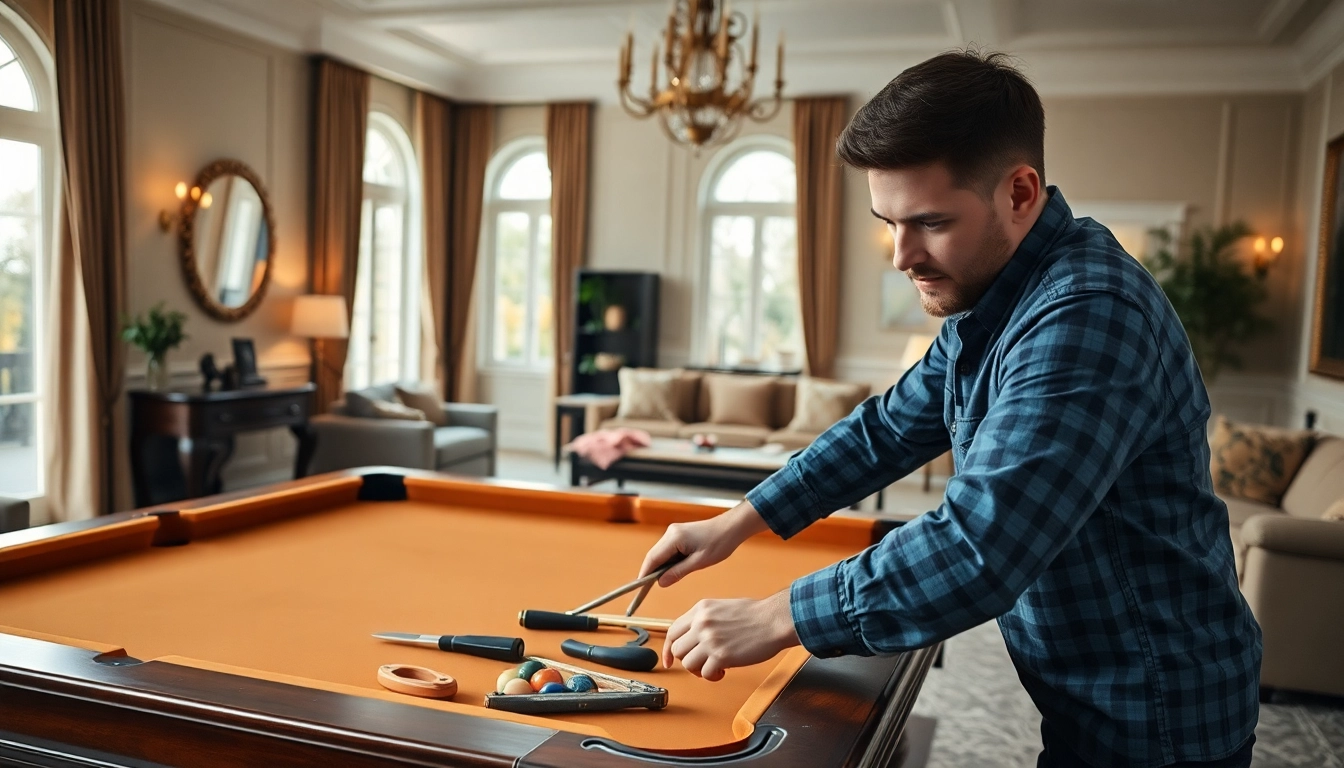 Experienced pool table mover disassembling a table in a beautifully decorated room.