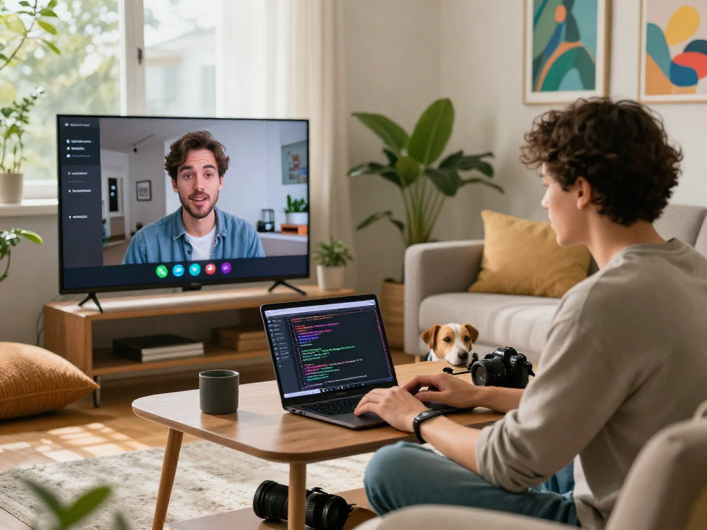 Engaging ai nsfw chat scene in a cozy living room with modern tech and personal interaction.