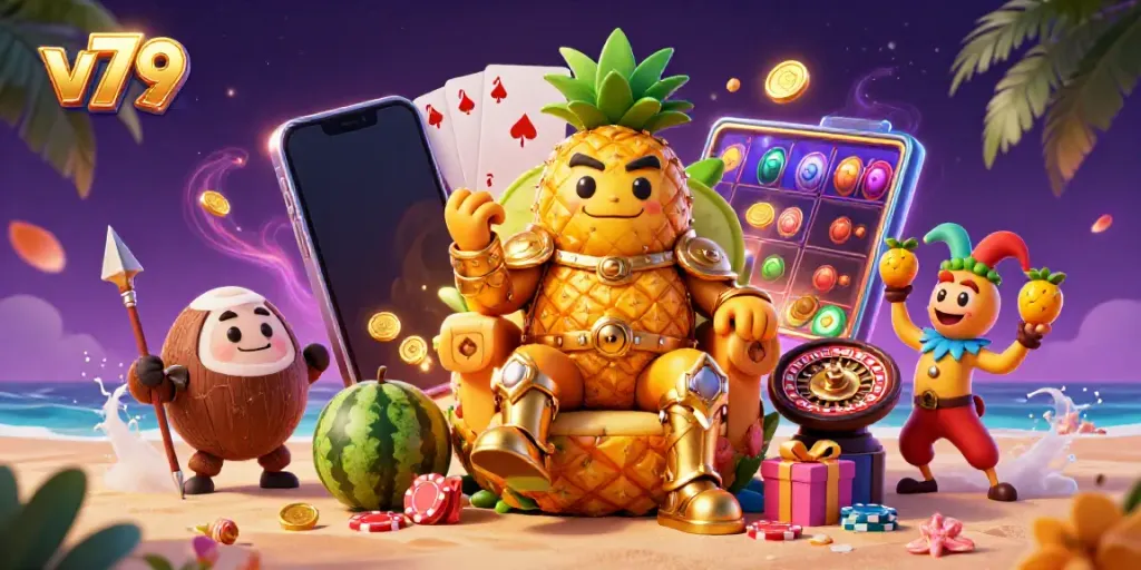 Experience the vivid world of v79 with the golden pineapple king presiding over a vibrant beach casino scene.