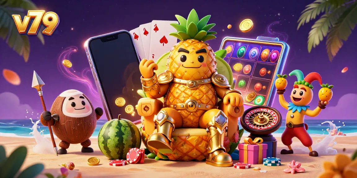 Experience the vivid world of v79 with the golden pineapple king presiding over a vibrant beach casino scene.