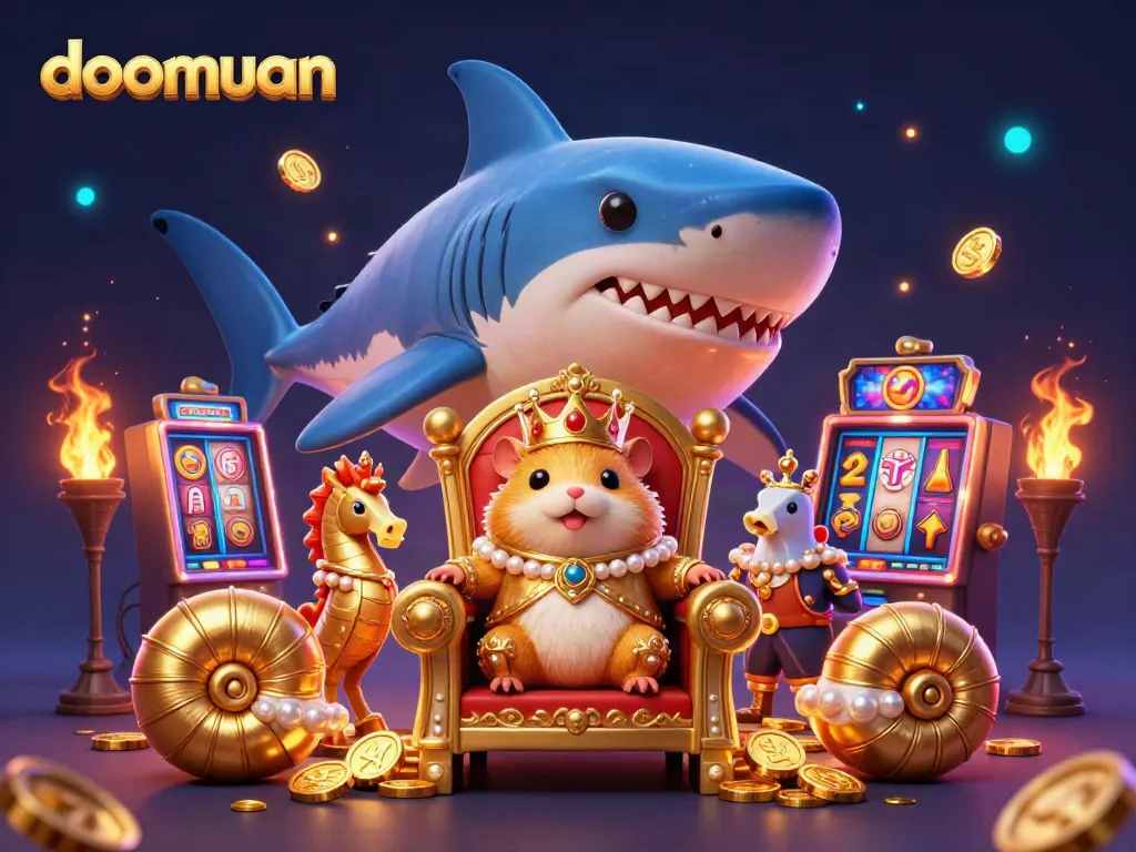 Experience the excitement of doomuan with a golden hamster king ruling a scene packed with vibrant slot games and shimmering details.