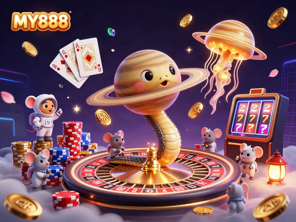 Experience thrilling gameplay at MY888 with a cosmic roulette wheel and vibrant gambling elements in this illustration.