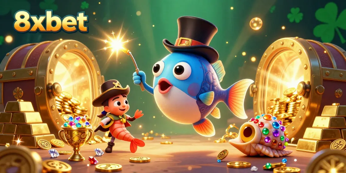 Experience the thrilling excitement of 8xbet with animated casino characters attracting golden coins amidst lavish treasures in a vibrant digital scene.