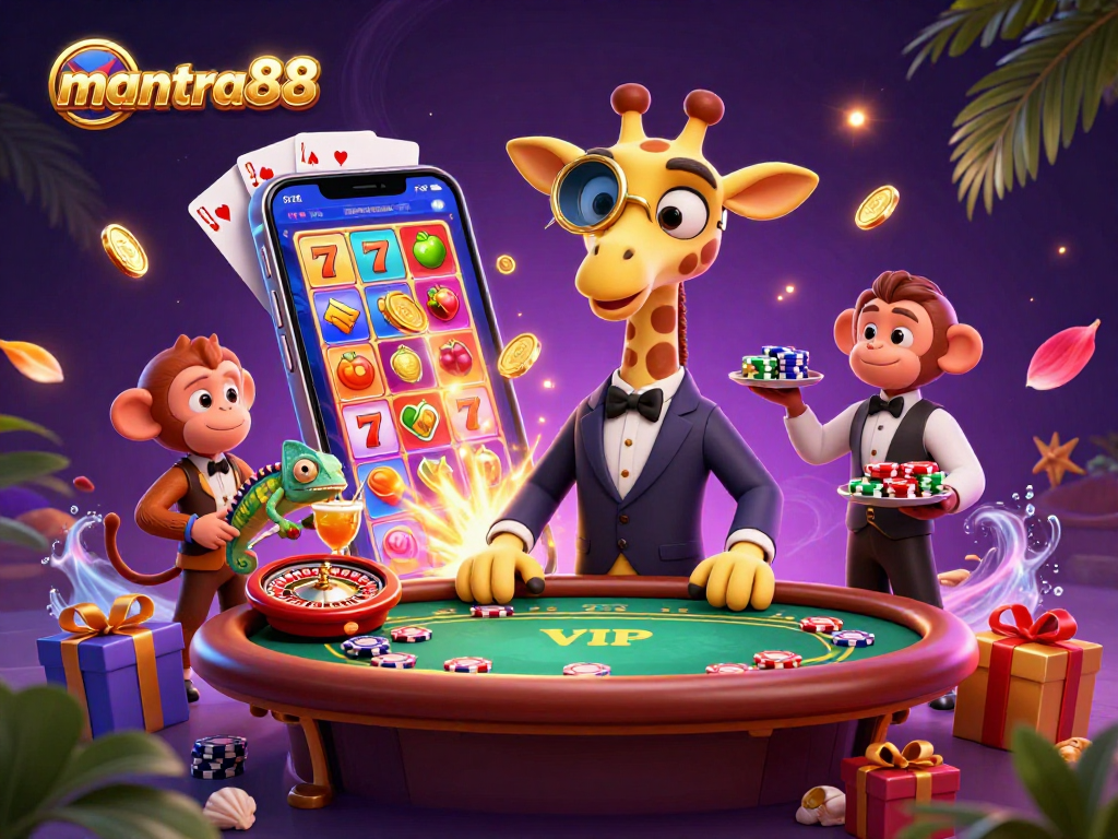 Experience mantra88's vibrant slot gaming action with a high-roller giraffe and lively casino elements.
