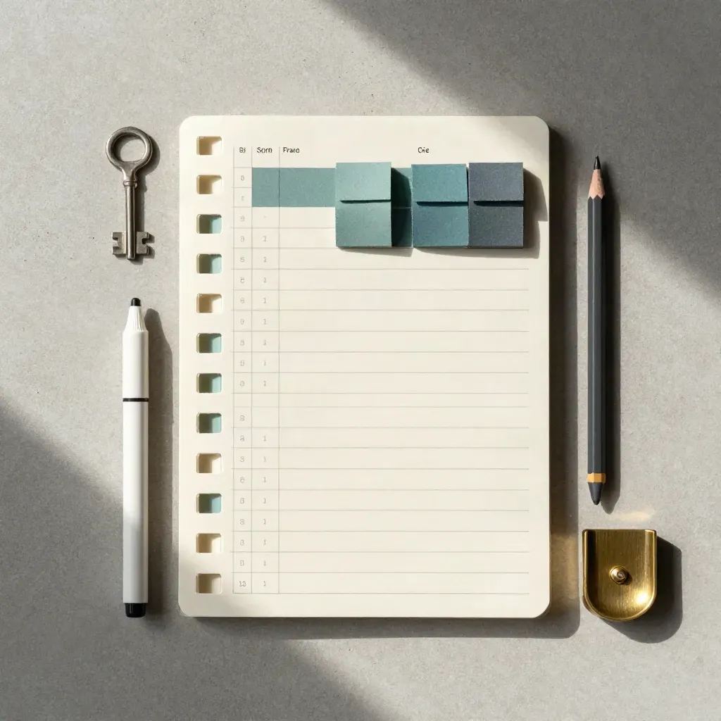 Overhead flatlay of a cream project tracker starter set with teal tabs, brass tray and pencil stub.