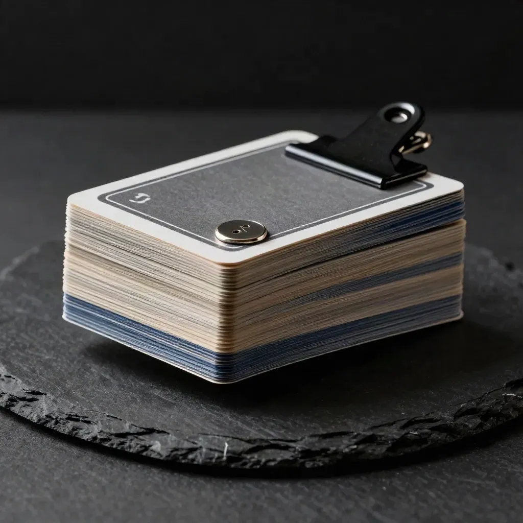 Floating operations review card deck with token and clip above dark slate