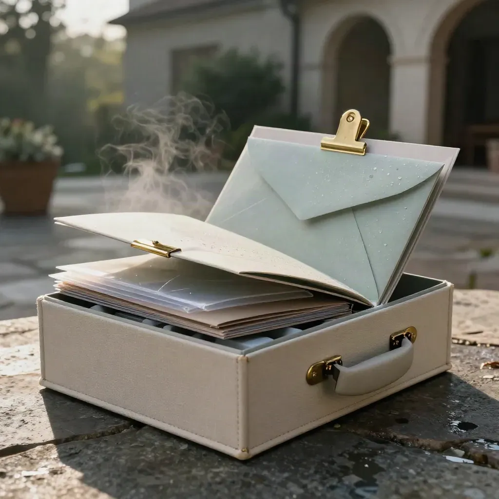 Ivory business support kit with folders, brass clip, tray and misty stone terrace.