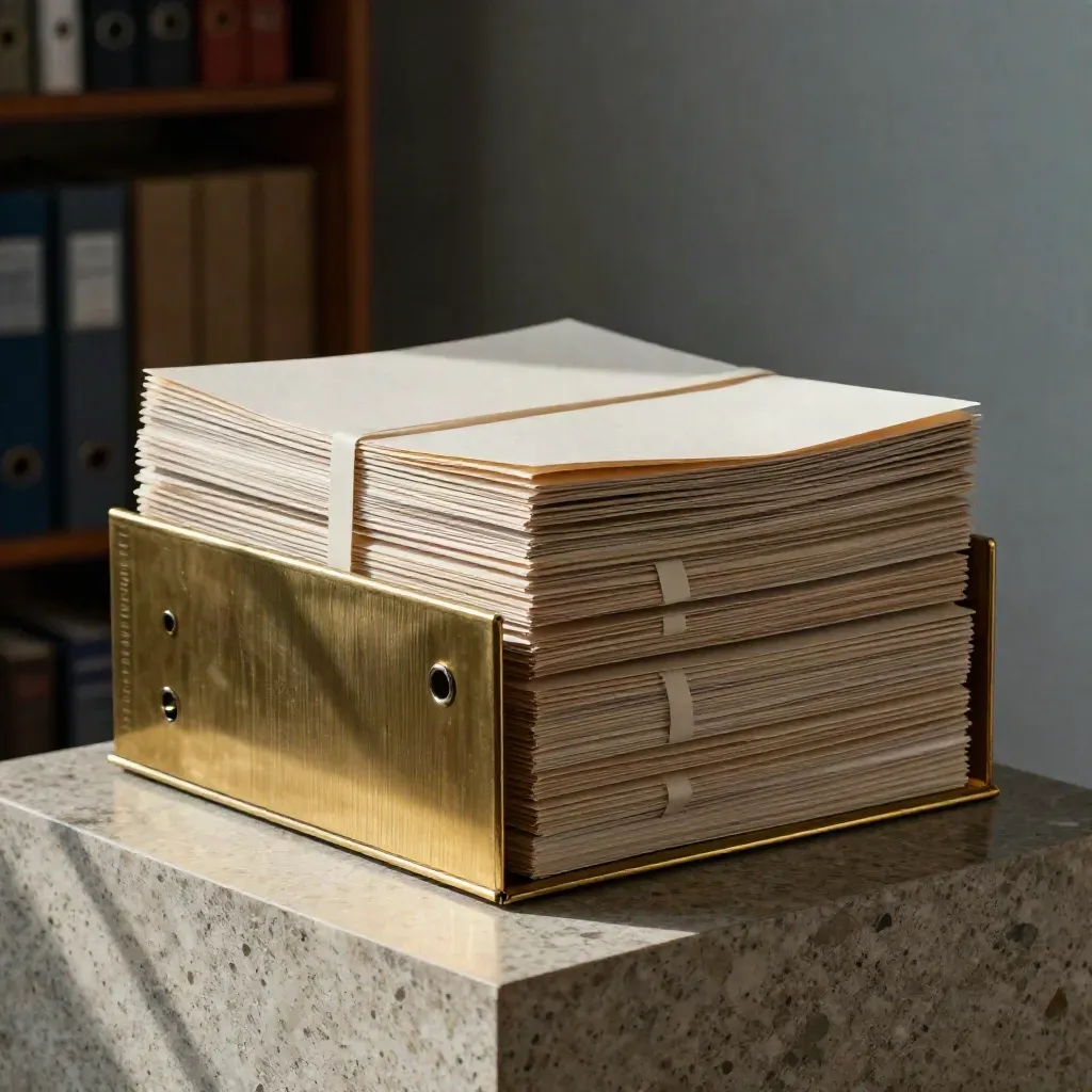 Archival office admin bundle with brass binder, stacked files, and off-white trays on a travertine pedestal.