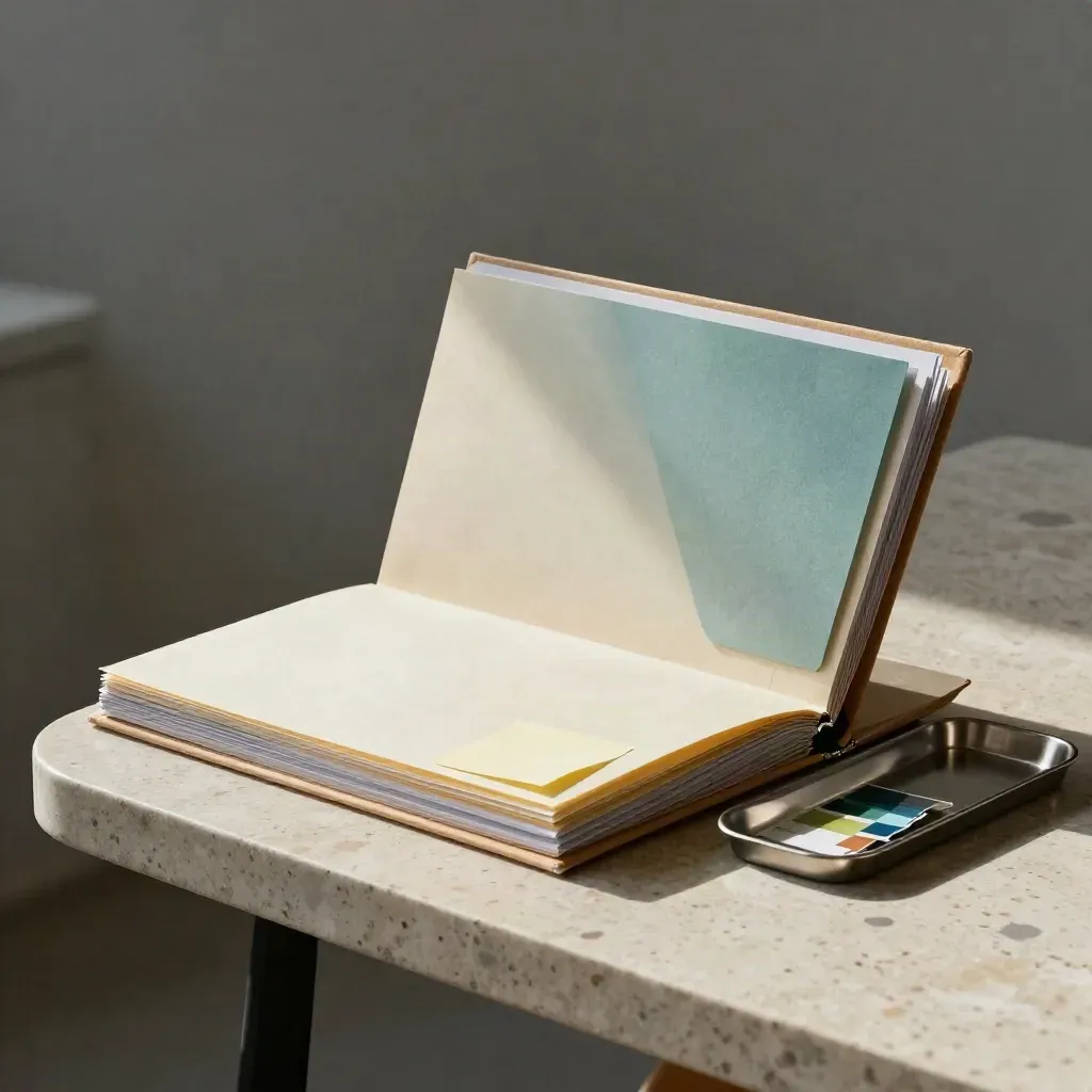Marketing folder set with tabs, proofs, color chips, and a metal tray on travertine.