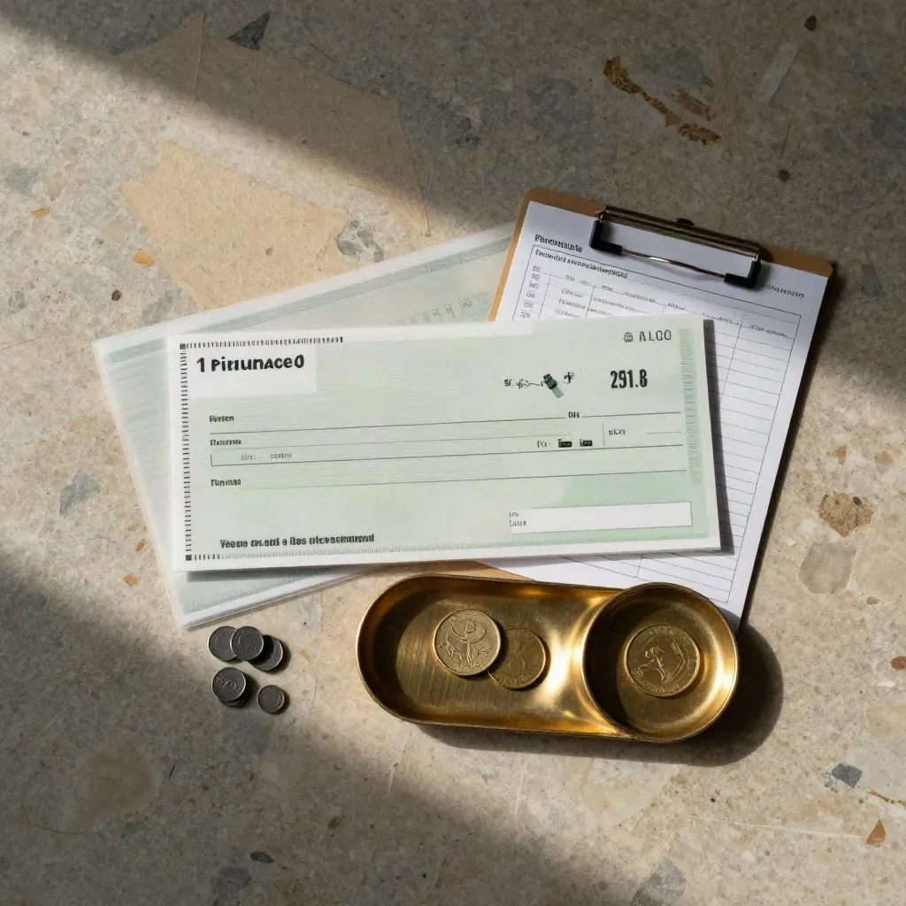 Overhead finance check bundle with ledger sleeves, tally chips, coin tray, and summary cards on travertine.