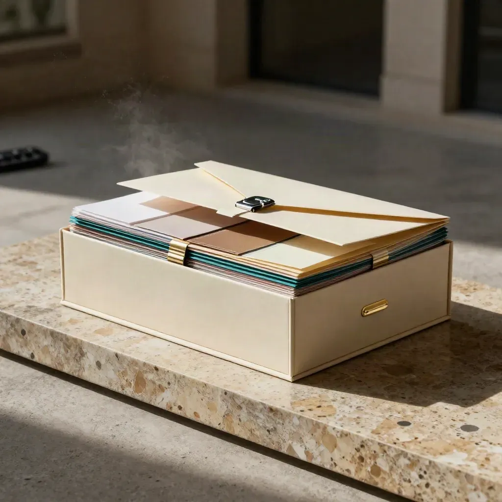Ivory ops support bundle bursting open on travertine with teal accents and hazy studio light.