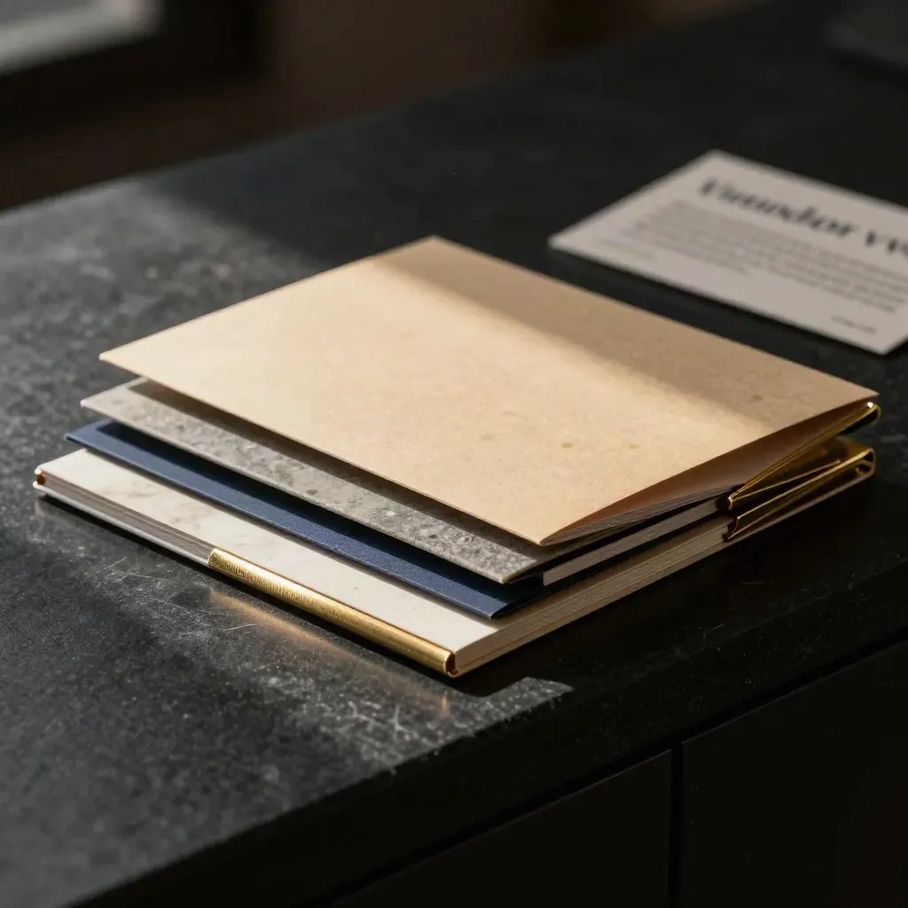 Three slim folders clipped together with sample chips sliding across a black stone ledge.