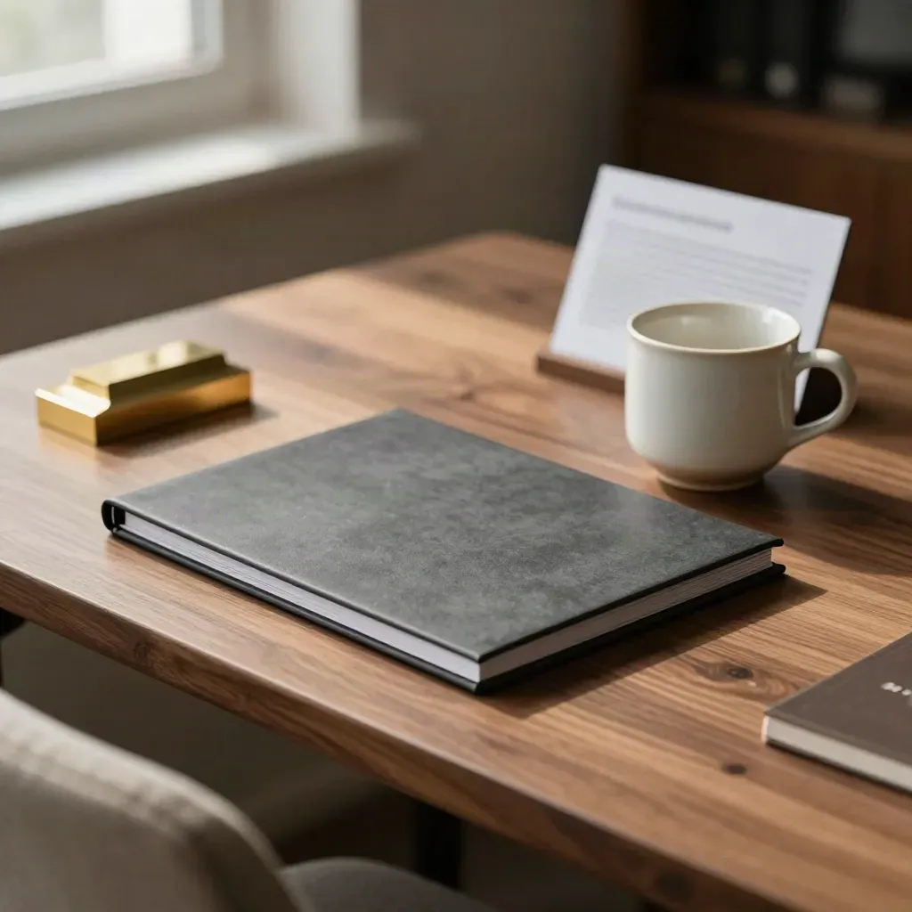 Warm office check kit with folder, ceramic cup, and brass paperweight on a walnut worktable.