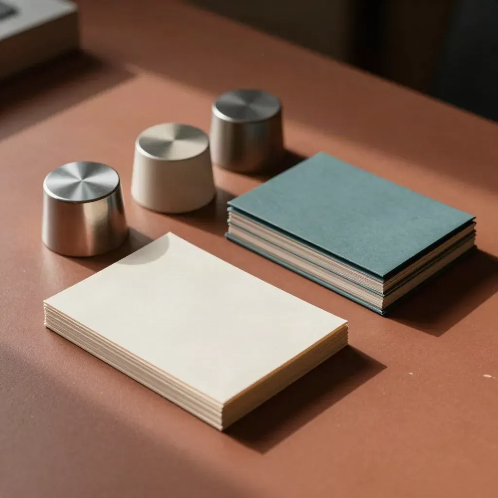 Memo tray, rounded paperweights, and matte card sleeve on terracotta plaster.