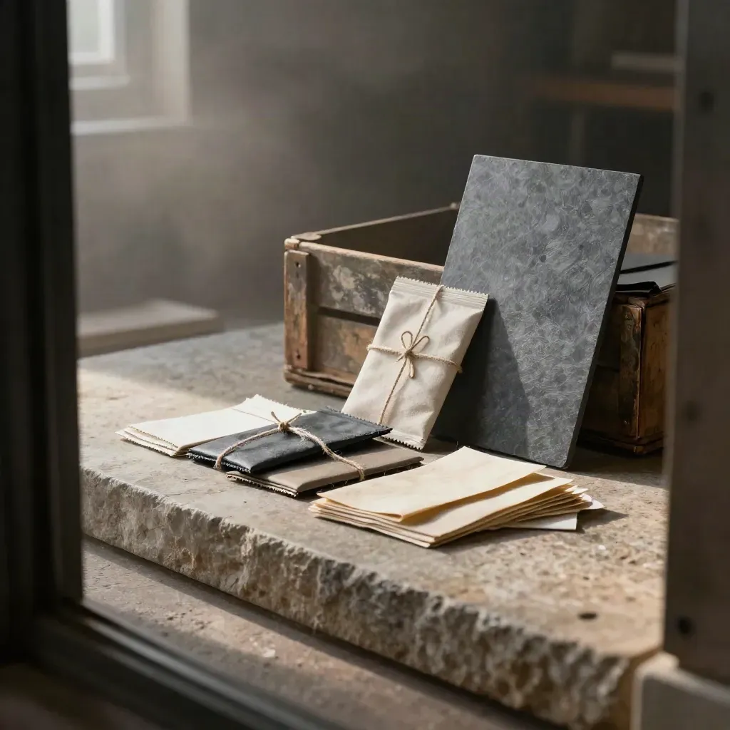 Sourcing bundle with swatches, wrapped packets, and a small crate on stone in dawn mist.