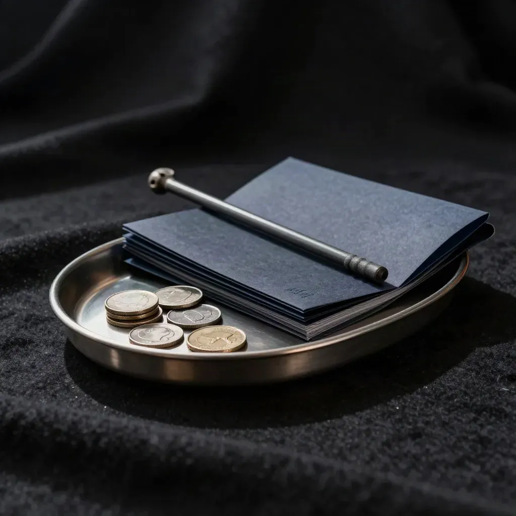 Cash flow review objects with coin tray, folded sleeves, and tally rod on dark fabric.