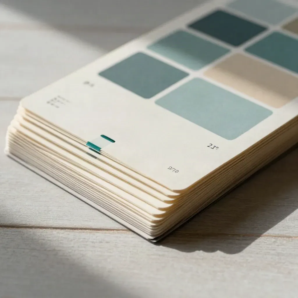 Macro of calendar cards, proof deck, and teal color chips on pale wood.